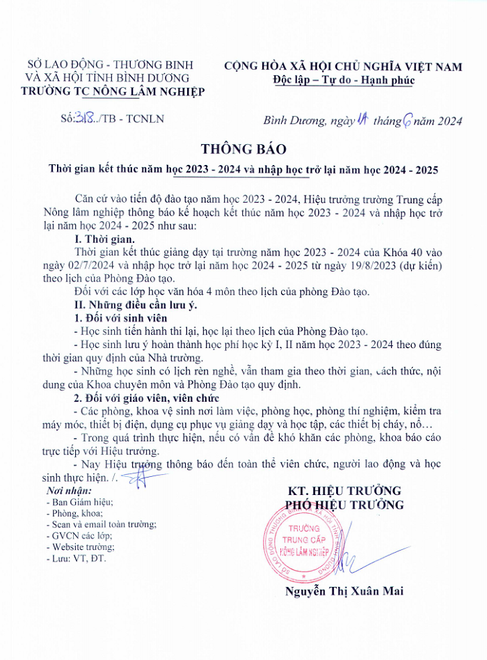 Thông báo thời gian kết thúc năm học 2023-2024, nhập học năm học 2024-2025